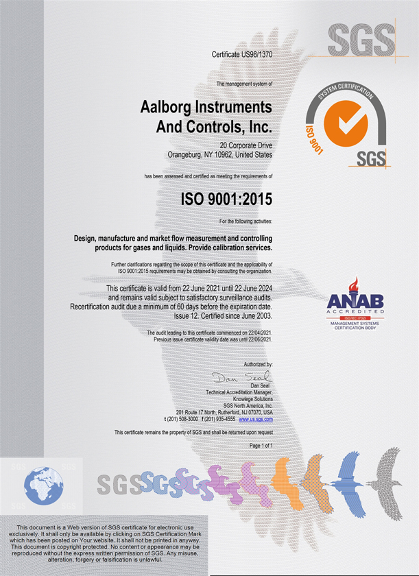 Aalborg Instruments ISO 9001:2015 Certification